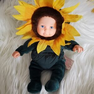 Vintage Anne Geddes Bean Filled 9" Sunflower Plush Doll 1999 Awake Blue Eyes